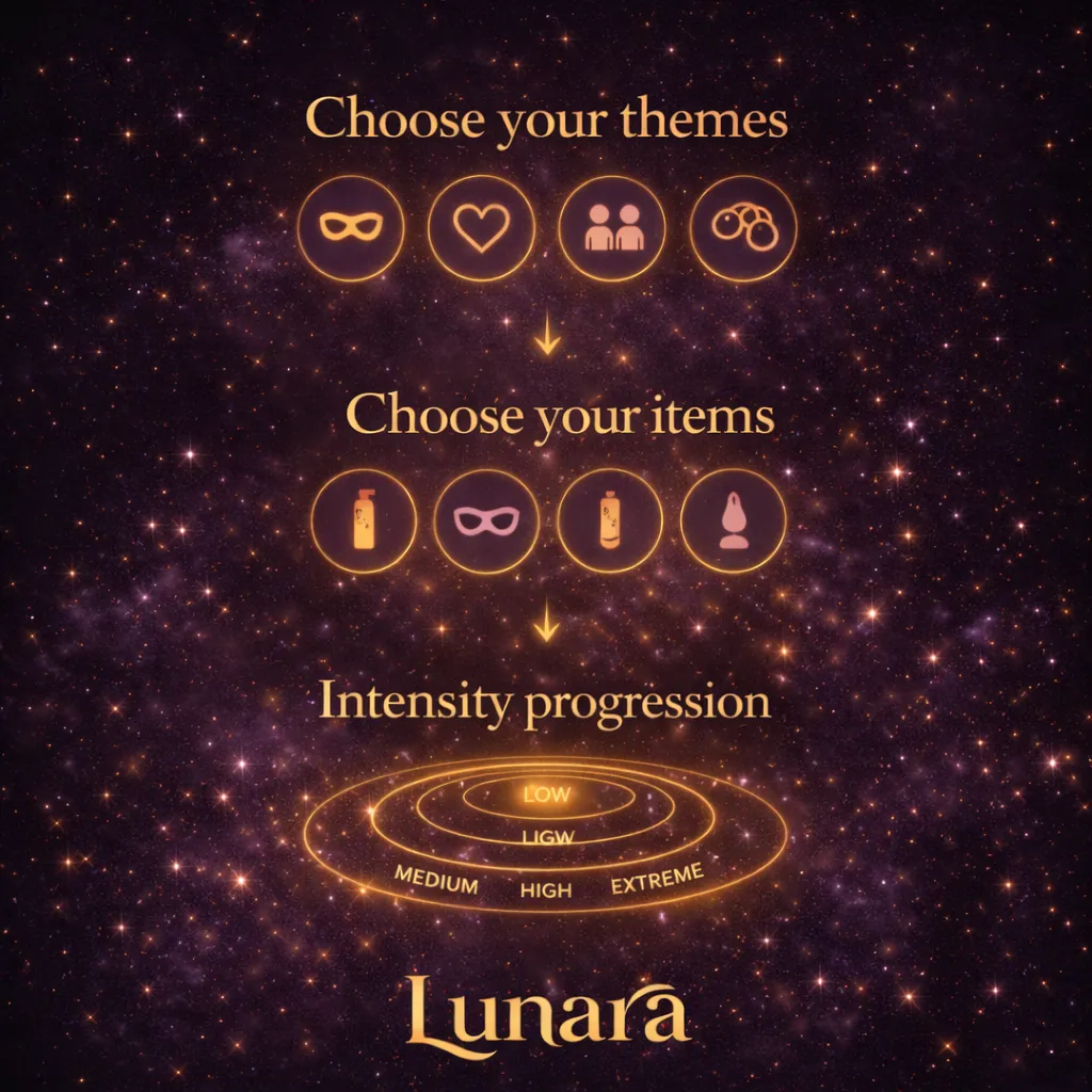 Lunara spicy couples game kink categories — build your night with kinks and toys, the game adapts to you