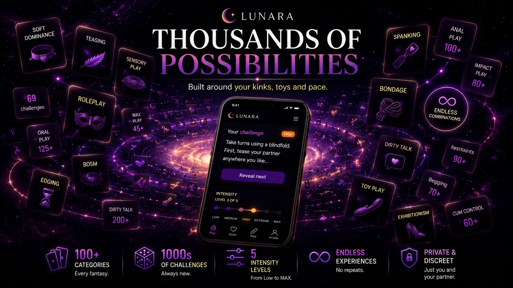Lunara thousands of possibilities — sex game for couples showing BDSM, sensory play, dirty talk, toy play and bondage categories