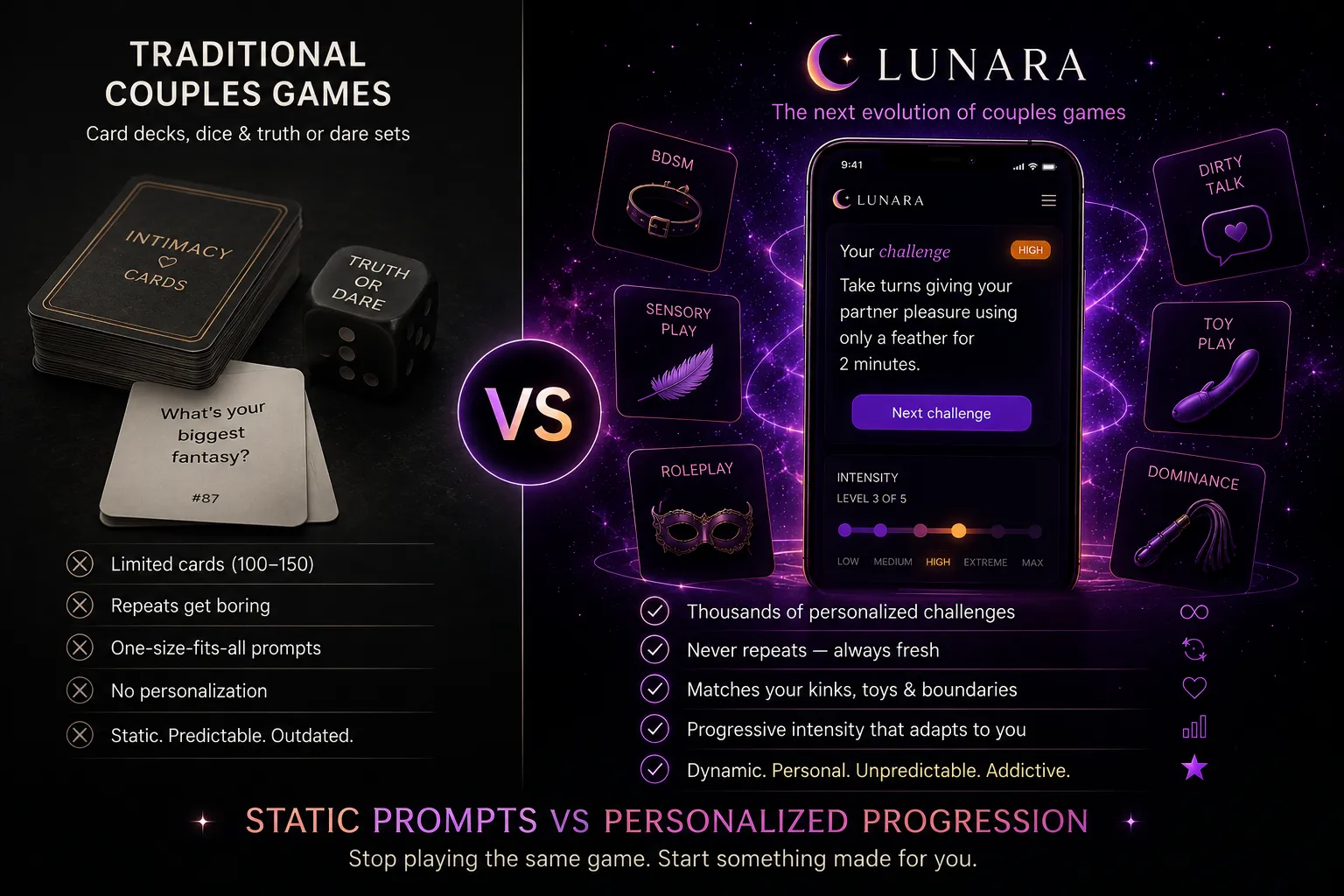 Lunara vs traditional sex card games and couples dice — comparison showing personalized challenges vs static prompts