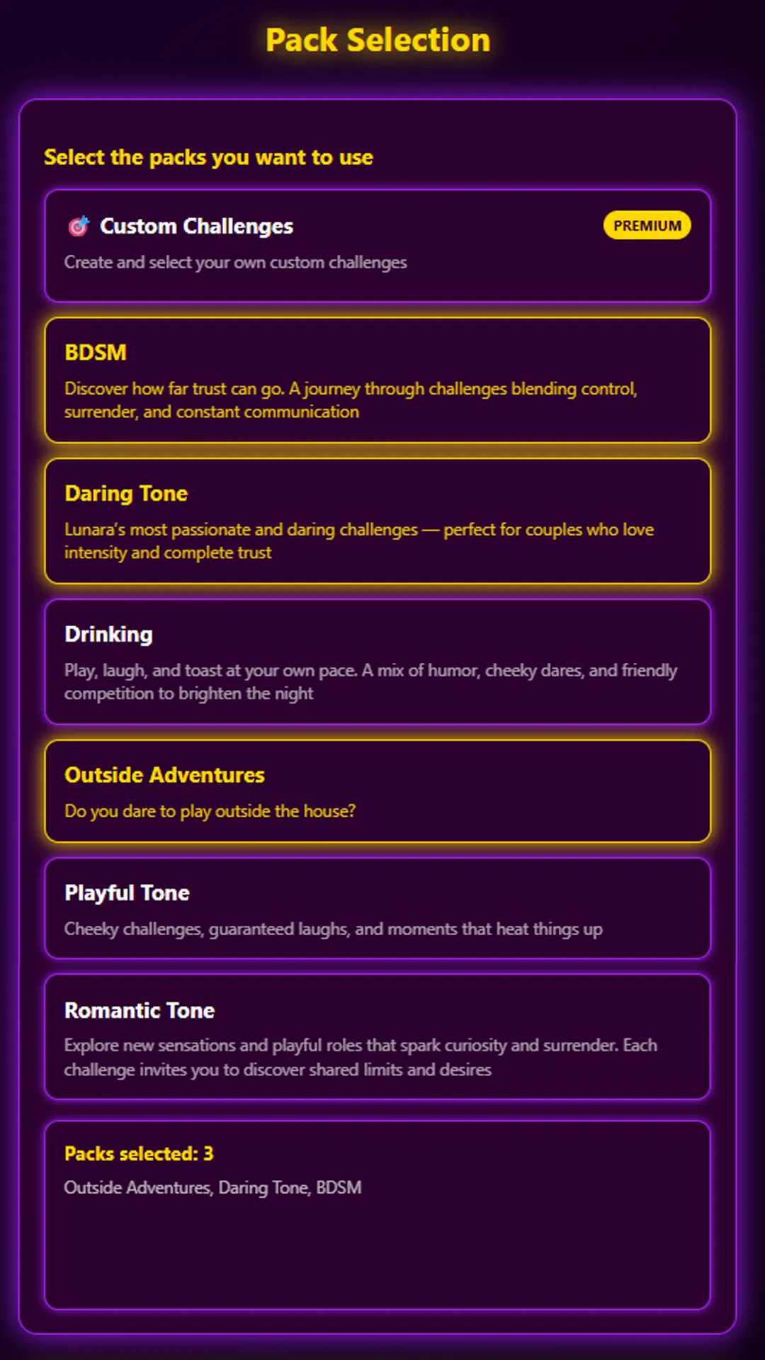 Choose your experience pack — BDSM, Romantic, Playful and more